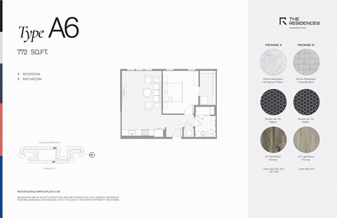 Floor plan for 1 bed, 1 bath, 772 sqft